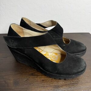 FLY LONDON Black Suede Yasi Yaz Mary Jane Wedge Shoes Women's Size 41 Platform
